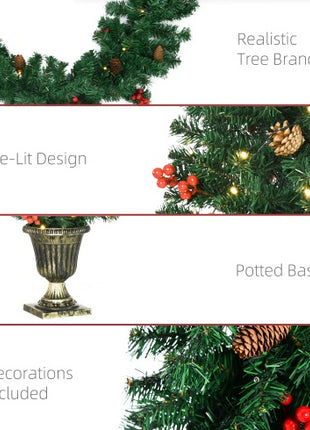 Prelit Christmas 4-Piece Set, Garland Wreath And Set Of 2 Entrance Trees With Warm White LED Lights, Red Berries, Pine Cones, Green