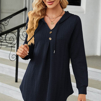 Decorative Button Drawstring Long Sleeve Hoodie - MimiStylez