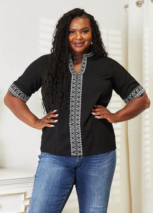 Double Take Embroidered Notched Neck Top - MimiStylez