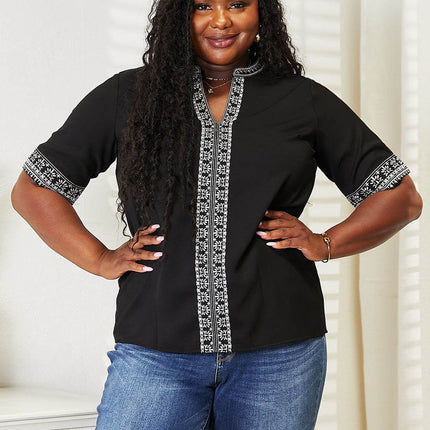 Double Take Embroidered Notched Neck Top - MimiStylez