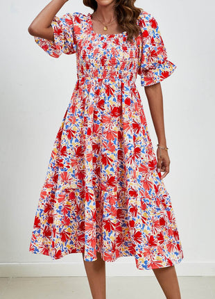 Smocked Floral Square Neck Short Sleeve Dress - MimiStylez