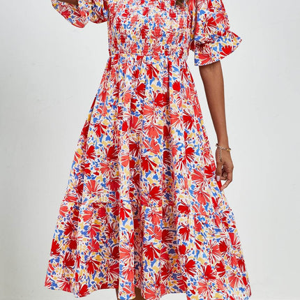 Smocked Floral Square Neck Short Sleeve Dress - MimiStylez
