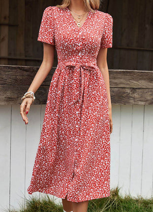 Ditsy Floral Button Front Tied Puff Sleeve Dress - MimiStylez