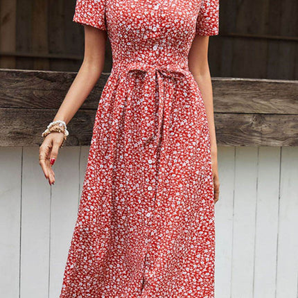 Ditsy Floral Button Front Tied Puff Sleeve Dress - MimiStylez