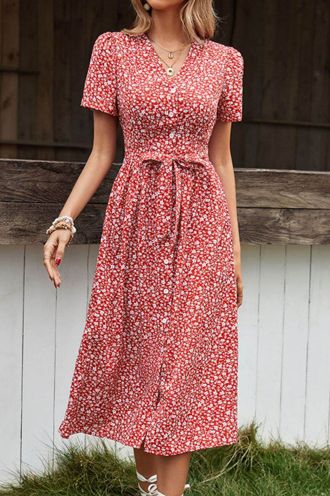 Ditsy Floral Button Front Tied Puff Sleeve Dress - MimiStylez