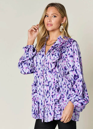 Double Take Full Size Printed Ruffle Trim Balloon Sleeve Shirt - MimiStylez
