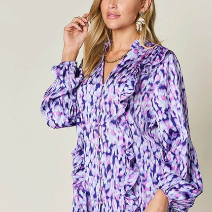 Double Take Full Size Printed Ruffle Trim Balloon Sleeve Shirt - MimiStylez