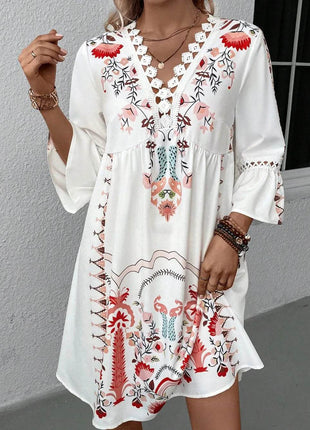 Lace Detail Printed Three-Quarter Sleeve Dress - MimiStylez