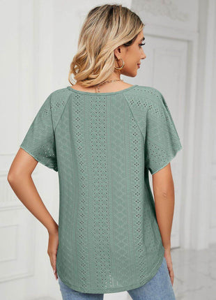 Eyelet Tie-Neck Flutter Sleeve Top - MimiStylez