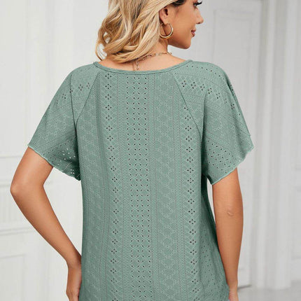 Eyelet Tie-Neck Flutter Sleeve Top - MimiStylez