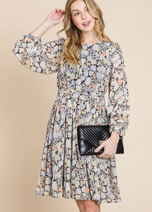 Lime 'N' Chili Chiffon Floral Print Belted Dress with Back Zipper - MimiStylez