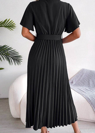 Pleated Flutter Sleeve Belted Dress - MimiStylez