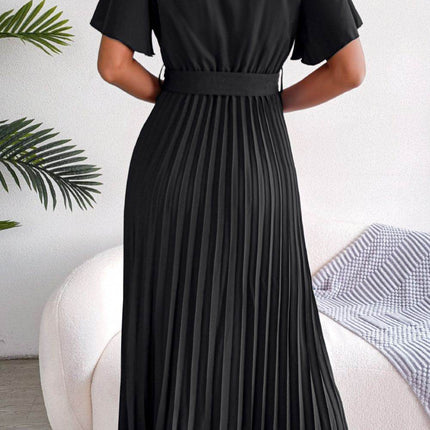Pleated Flutter Sleeve Belted Dress - MimiStylez