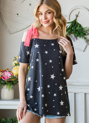 Heimish Full Size Star Print Asymmetrical Neck Short Sleeve Top - MimiStylez