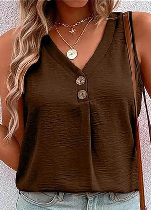 Full Size Decorative Button V-Neck Tank - MimiStylez