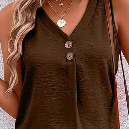 Full Size Decorative Button V-Neck Tank - MimiStylez