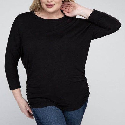Plus Luxe Rayon Boat Neck 3/4 Sleeve Top - MimiStylez