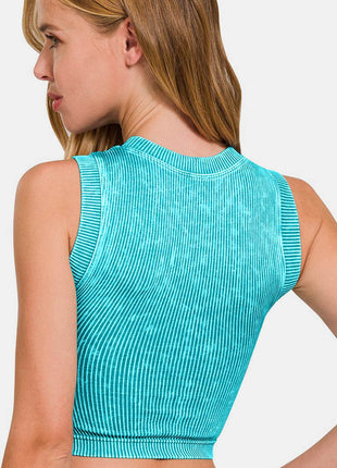 Zenana Washed Ribbed Seamless Crop Tank with Bra Pad - MimiStylez
