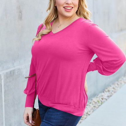 Basic Bae Full Size V-Neck Lantern Sleeve Blouse - MimiStylez