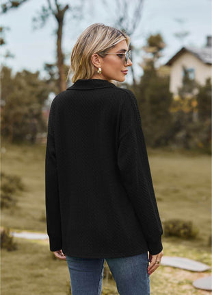 Collared Neck Cable-Knit Long Sleeve Blouse - MimiStylez