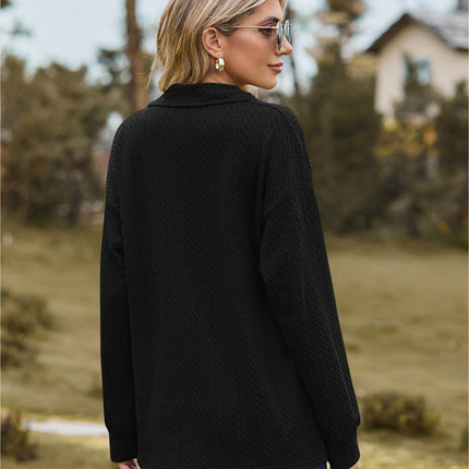 Collared Neck Cable-Knit Long Sleeve Blouse - MimiStylez