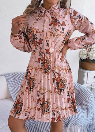 Pleated Printed Tie Neck Long Sleeve Dress - MimiStylez