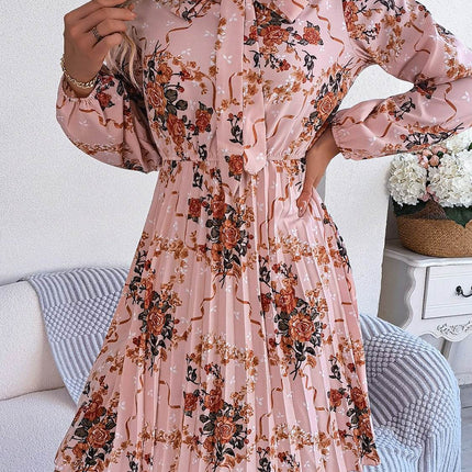 Pleated Printed Tie Neck Long Sleeve Dress - MimiStylez