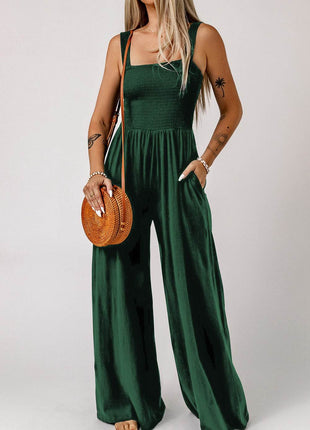 Smocked Square Neck Wide Leg Jumpsuit with Pockets - MimiStylez