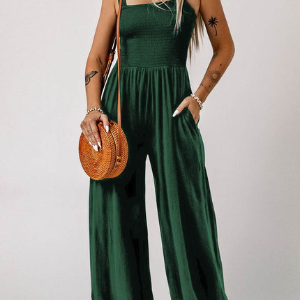 Smocked Square Neck Wide Leg Jumpsuit with Pockets - MimiStylez