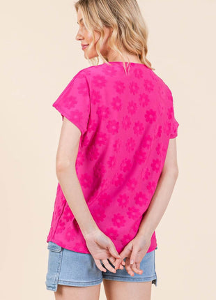 BOMBOM Textured Floral Pattern Short Sleeve T-Shirt - MimiStylez