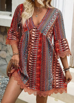 Lace Trim Printed V-Neck 3/4 Sleeve Dress - MimiStylez