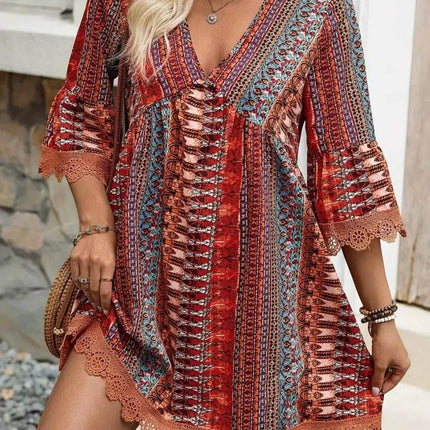 Lace Trim Printed V-Neck 3/4 Sleeve Dress - MimiStylez