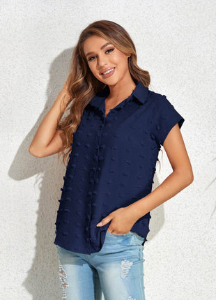 Swiss Dot Button Up Cap Sleeve Shirt - MimiStylez