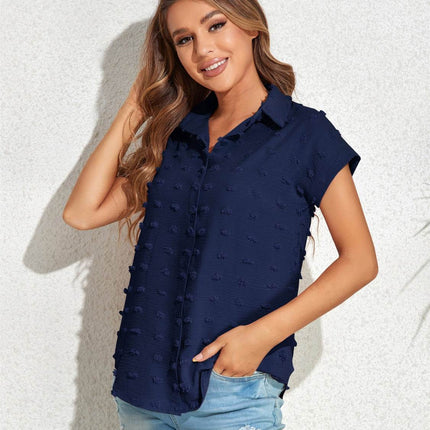 Swiss Dot Button Up Cap Sleeve Shirt - MimiStylez