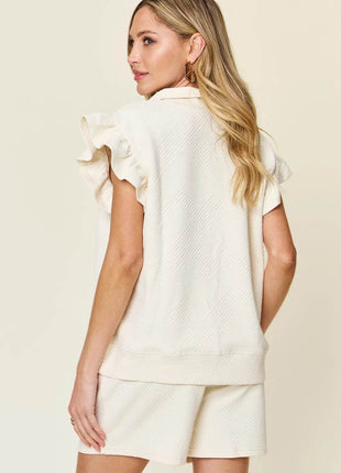 Double Take Full Size Texture Flounce Sleeve Top and Drawstring Shorts Set - MimiStylez
