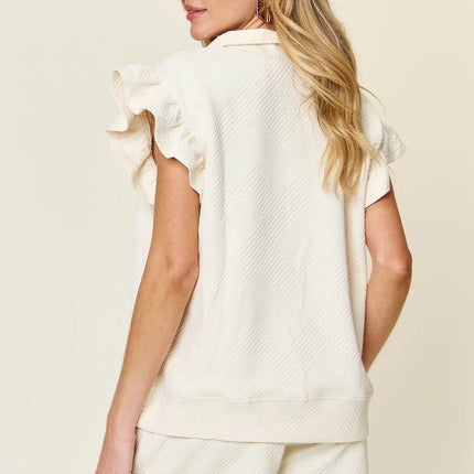 Double Take Full Size Texture Flounce Sleeve Top and Drawstring Shorts Set - MimiStylez