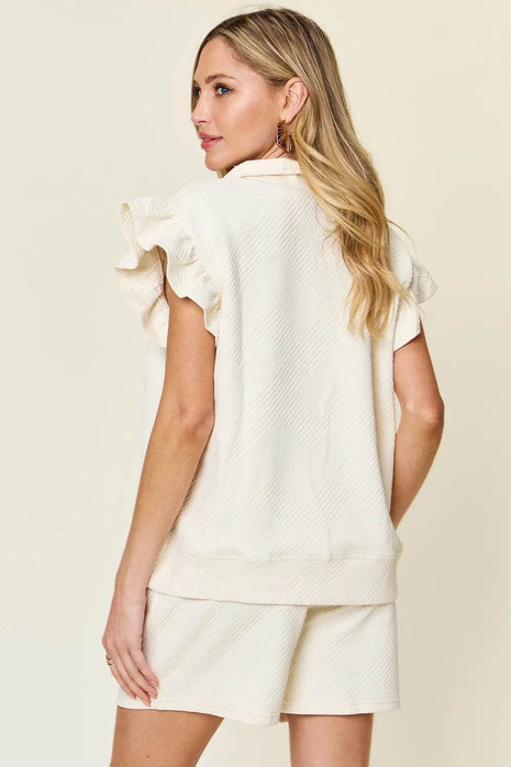 Double Take Full Size Texture Flounce Sleeve Top and Drawstring Shorts Set - MimiStylez