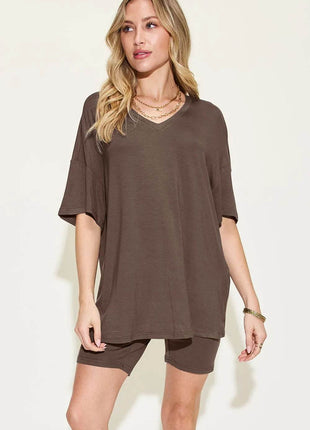 Neck Drop Shoulder T-Shirt and Shorts Set - MimiStylez