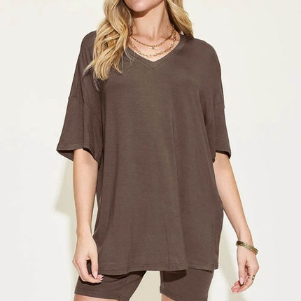 Neck Drop Shoulder T-Shirt and Shorts Set - MimiStylez
