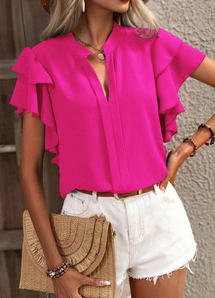 Ruffled Notched Short Sleeve Blouse - MimiStylez