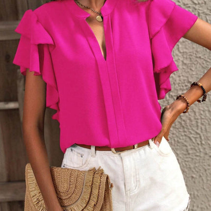 Ruffled Notched Short Sleeve Blouse - MimiStylez