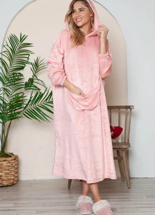 Double Take Full Size Pocketed Hooded Midi Lounge Dress - MimiStylez
