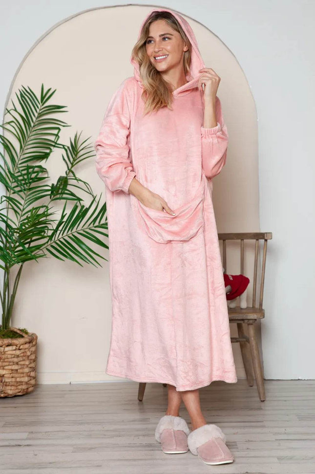 Double Take Full Size Pocketed Hooded Midi Lounge Dress - MimiStylez