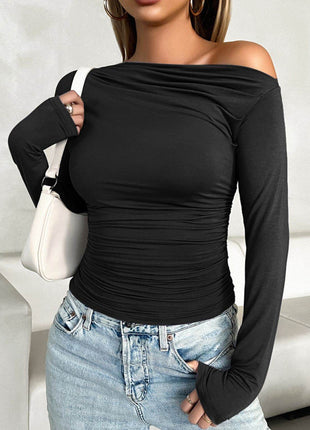 Ruched One Shoulder Long Sleeve T-Shirt - MimiStylez