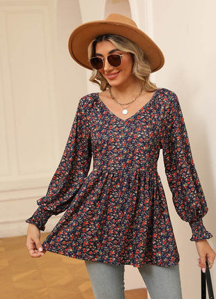 Printed V-Neck Lantern Sleeve Blouse - MimiStylez