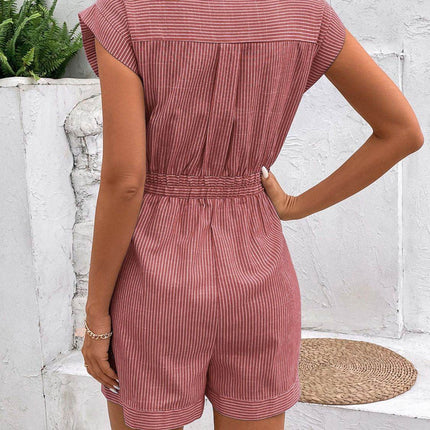 Striped Notched Tie Waist Romper - MimiStylez
