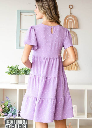 Heimish Full Size Swiss Dot Short Sleeve Tiered Dress - MimiStylez