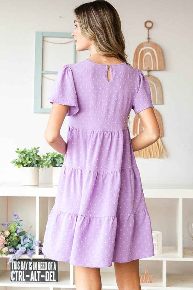 Heimish Full Size Swiss Dot Short Sleeve Tiered Dress - MimiStylez
