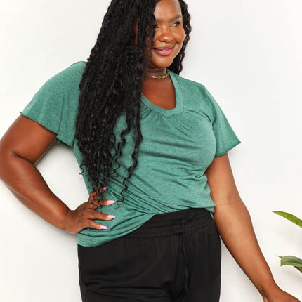 Double Take Ruched V-Neck Short Sleeve T-Shirt - MimiStylez