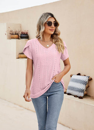 Eyelet Petal Sleeve V-Neck Knit Top - MimiStylez